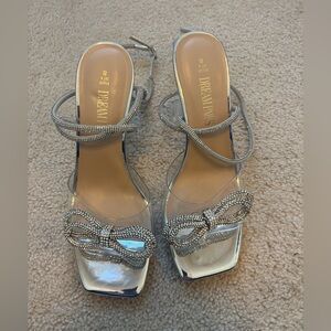 Dream Pairs Silver Crystal Bow Strappy Heels Wraps Around Ankle